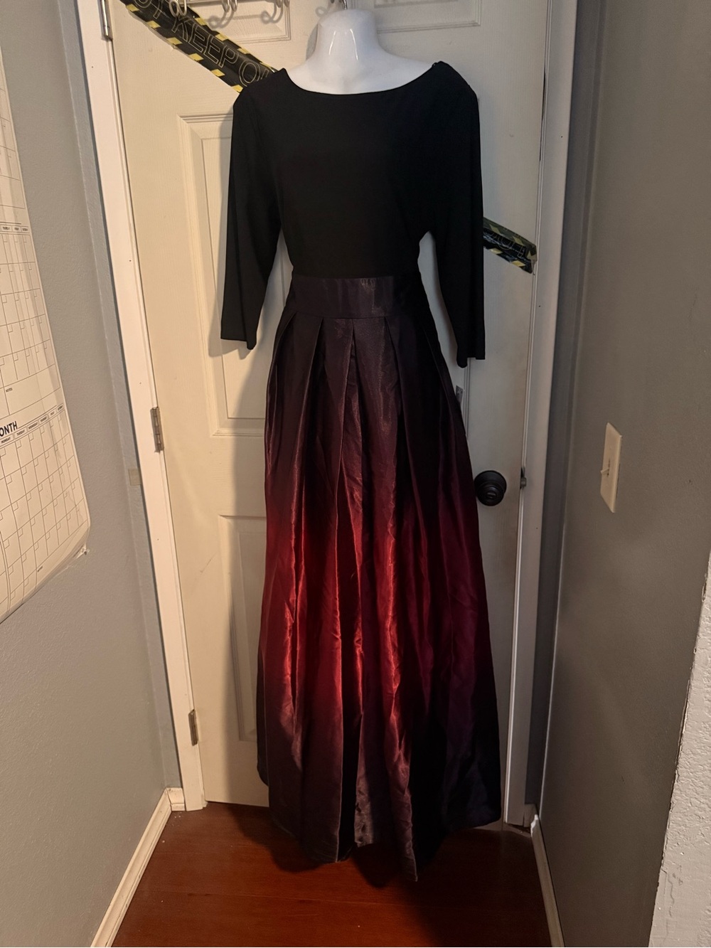 SLNY Black Bodice with Red Ombre Pleated Maxi Skirt